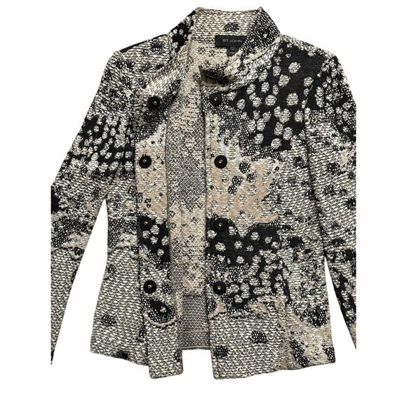 St. John Knit Jacket Size 4 Ivory Black Abstract Bouclé Textured Stand Collar - Picture 4 of 7